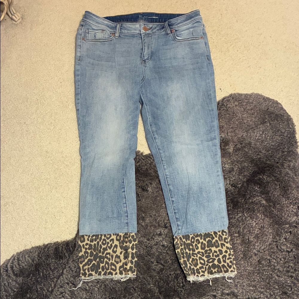 New York & Company Light Blue Jeans with Leopard Print Cuffs
